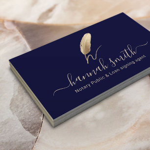 Notary Loan Signing Agent Gold Quill Pen Logo Navy Business Card