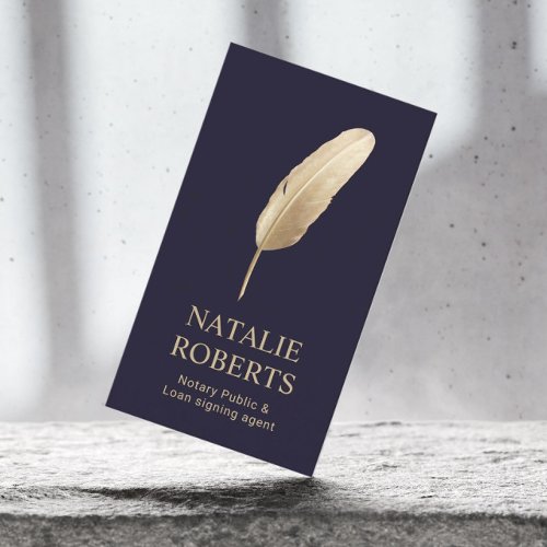 Notary Loan Signing Agent Gold Quill Pen Navy Business Card
