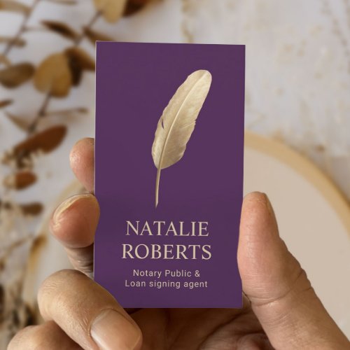 Notary Loan Signing Agent Gold Quill Pen Purple Business Card