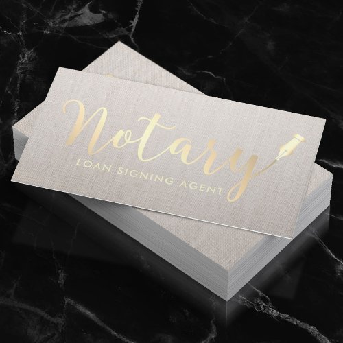 Notary Loan Signing Agent Gold Script Classy Linen Business Card