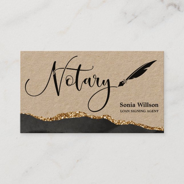 Notary Loan Signing Agent Modern Black Gold Agate  Business Card (Front)