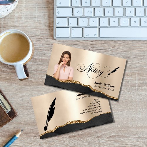 Notary Loan Signing Agent Modern Black Gold Photo Business Card