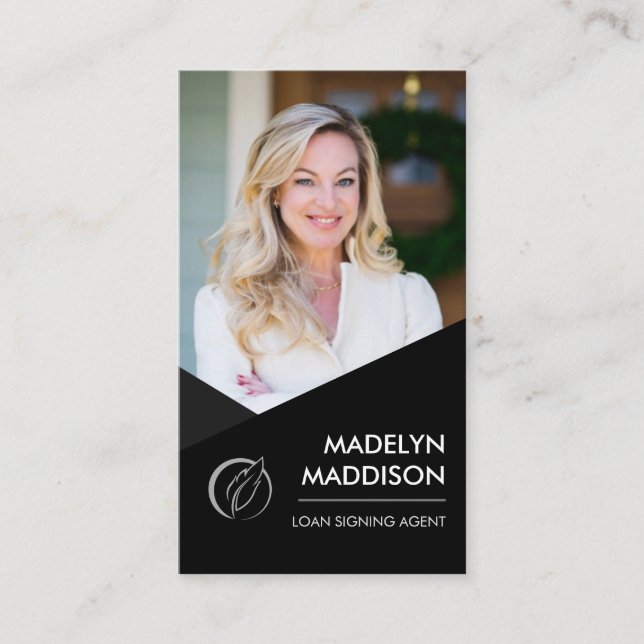 Notary Loan Signing Agent Modern Black Photo Business Card (Front)