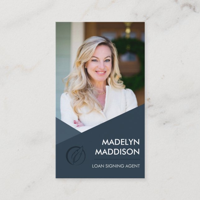 Notary Loan Signing Agent Modern Dark Azure Photo Business Card (Front)