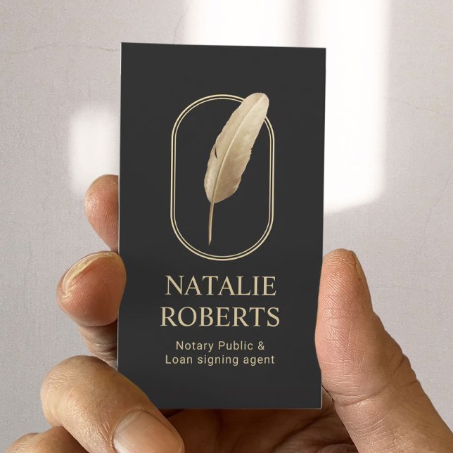 Notary Loan Signing Agent Modern Gold Quill Logo Business Card (Creator Uploaded)