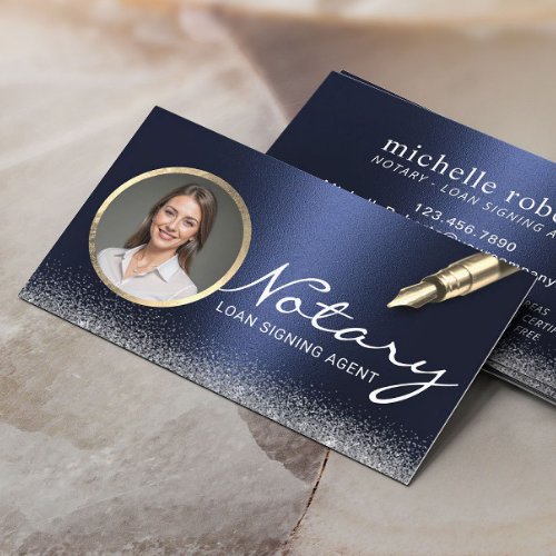 Notary Loan Signing Agent Modern Navy Blue Photo Business Card