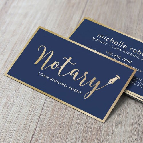 Notary Loan Signing Agent Modern Navy  Gold Business Card