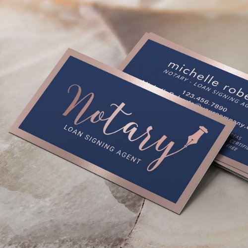 Notary Loan Signing Agent Modern Navy  Rose Gold Business Card