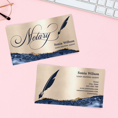 Notary Loan Signing Agent Modern Rose Gold Agate B Business Card