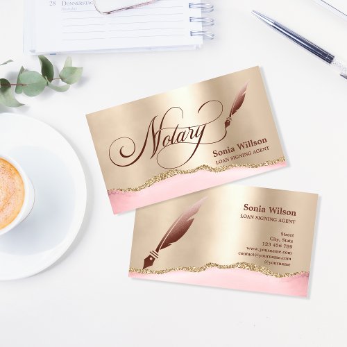 Notary Loan Signing Agent Modern Rose Gold Agate B Business Card