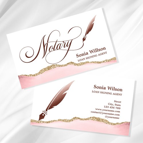 Notary Loan Signing Agent Modern Rose Gold Agate B Business Card