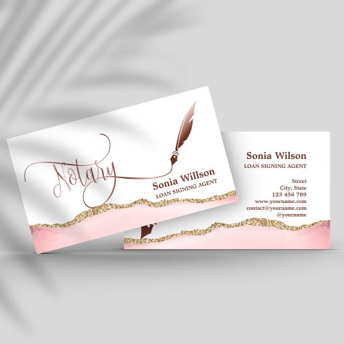 Notary Loan Signing Agent Modern Rose Gold Agate Business Card