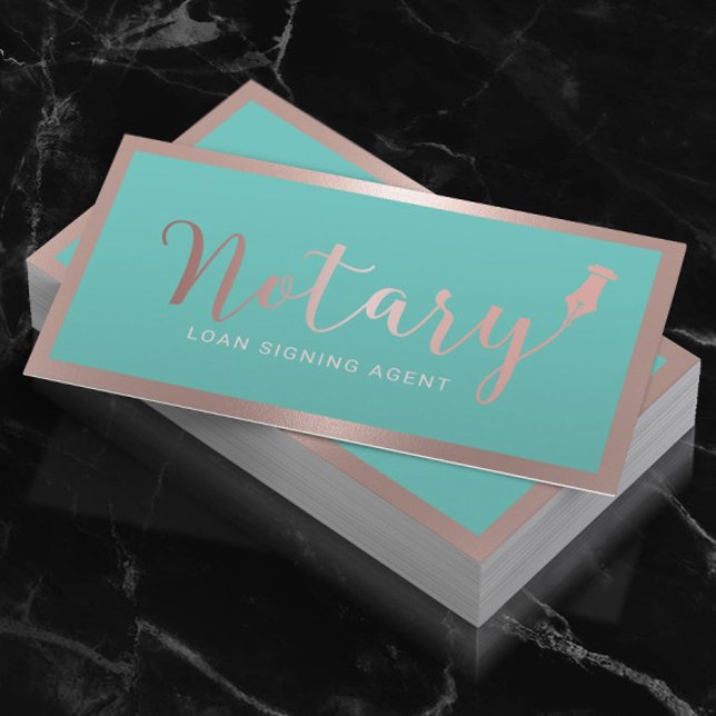 Notary Loan Signing Agent Modern Rose Gold & Teal Business Card (Creator Uploaded)