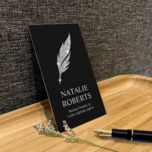 Notary Loan Signing Agent Modern Silver Quill Logo Business Card