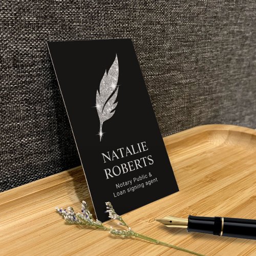 Notary Loan Signing Agent Modern Silver Quill Logo Business Card