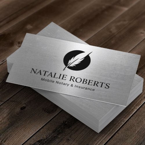 Notary Loan Signing Agent Modern Silver Quill Logo Business Card