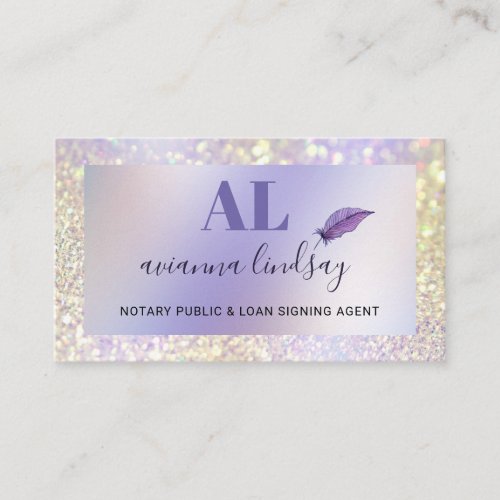Notary Loan Signing Agent Monogram Purple Glitter Business Card