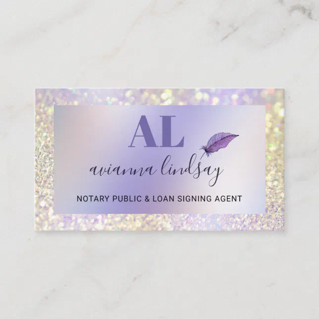 Notary Loan Signing Agent Monogram Purple Glitter Business Card | Zazzle