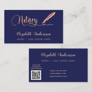 Notary loan signing agent navy blue gold QR code Business Card