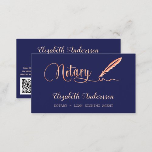 Notary loan signing agent navy blue gold QR code Business Card