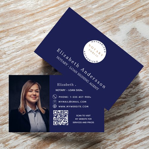 Notary loan signing agent navy blue photo QR logo Business Card