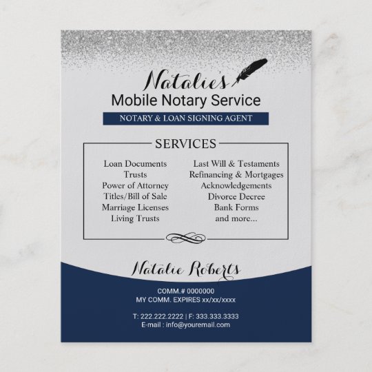 Notary Loan Signing Agent Navy Blue Silver Glitter Flyer