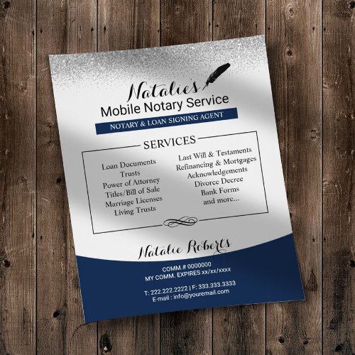 Notary Loan Signing Agent Navy Blue Silver Glitter Flyer