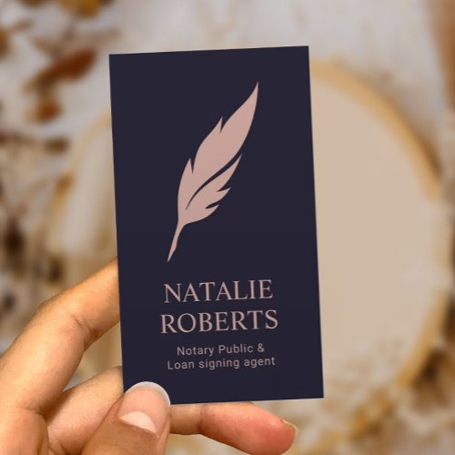 Notary Loan Signing Agent Navy  Pink Quill Logo Business Card