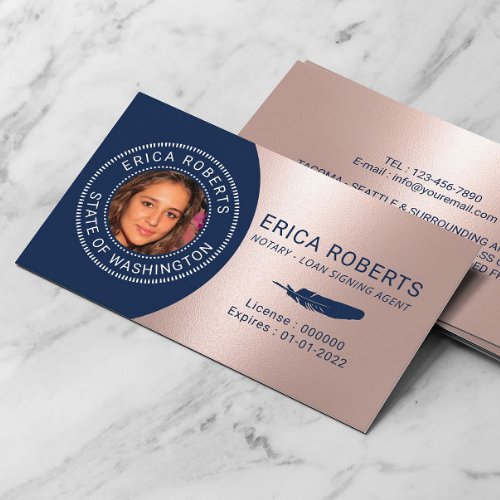Notary Loan Signing Agent Navy Rose Gold Photo Business Card