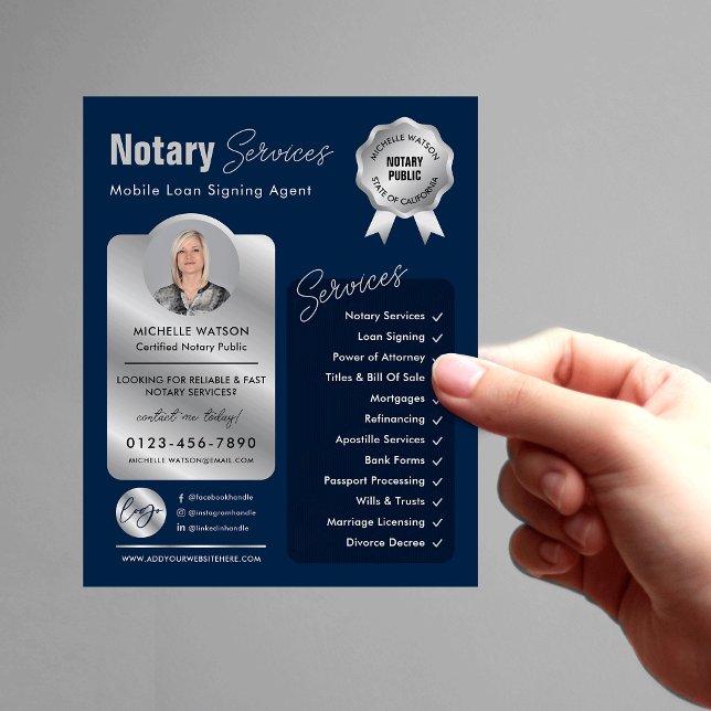 Notary Loan Signing Agent Navy & Silver Logo Photo Flyer (Modern navy and silver notary loan signing agent marketing flyer with your custom photo and logo)