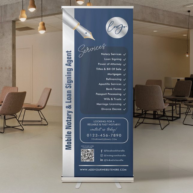 Notary Loan Signing Agent Navy & Silver Marketing Retractable Banner (Professional notary public & loan signing agent marketing pull up banner in navy blue and silver)