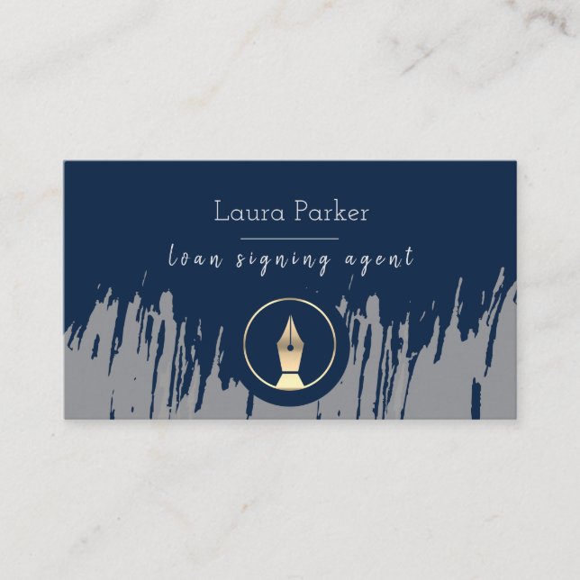 Notary Loan Signing Agent Nib Gray Gold Writer Business Card (Front)