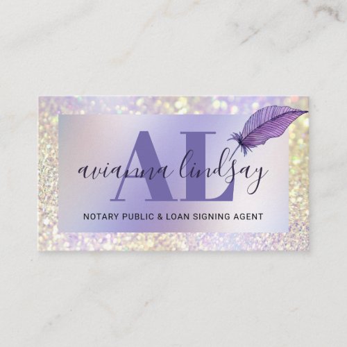 Notary Loan Signing Agent Purple Glitter Monogram  Business Card
