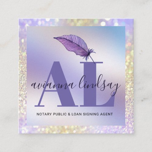 Notary Loan Signing Agent Purple Glitter Monogram  Square Business Card