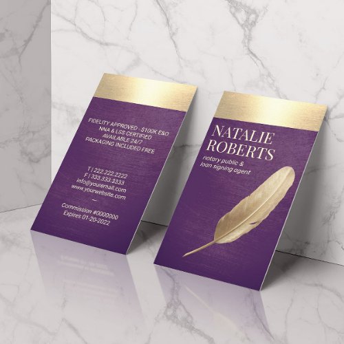 Notary Loan Signing Agent Purple  Gold Quill Business Card