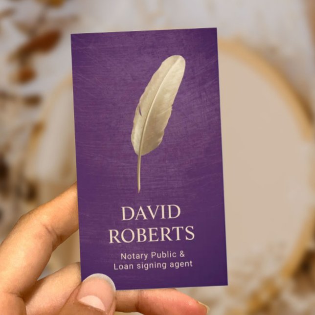 Notary Loan Signing Agent Purple & Gold Quill Pen Business Card (Creator Uploaded)