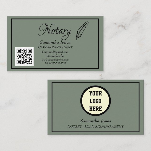 Notary Loan Signing Agent QR Code Sage Green Business Card (Front/Back)