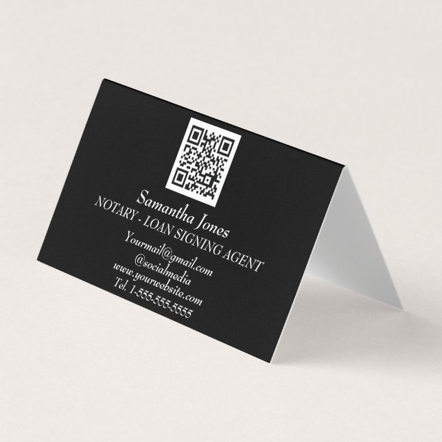 Notary Loan Signing Agent QR Code Scannable Black Business Card (Front)