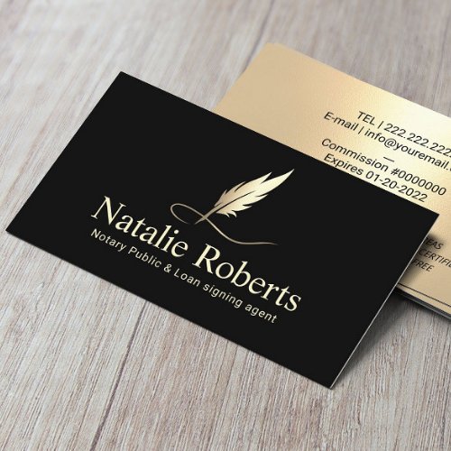 Notary Loan Signing Agent Quill Logo Black  Gold Business Card