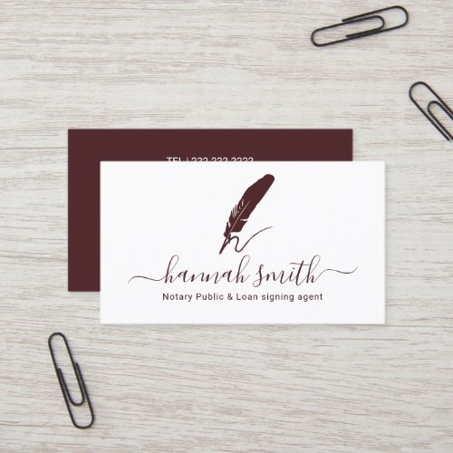 Notary Loan Signing Agent Quill Logo Burgundy Red Business Card