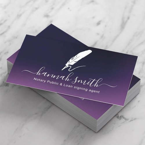 Notary Loan Signing Agent Quill Logo Classy Purple Business Card
