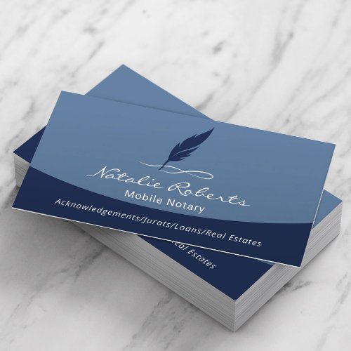Notary Loan Signing Agent Quill Logo Navy Blue Business Card