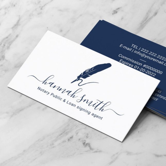 Notary Loan Signing Agent Quill Logo Plain Navy Business Card (Creator Uploaded)