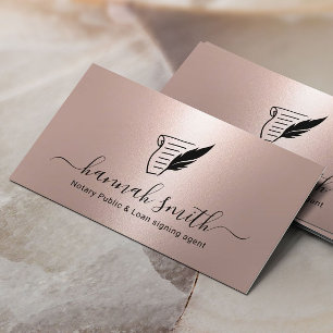 Notary Loan Signing Agent Quill Logo Rose Gold Business Card