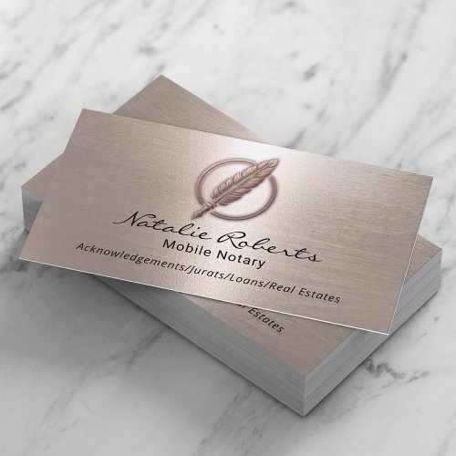 Notary Loan Signing Agent Quill Logo Rose Gold Business Card