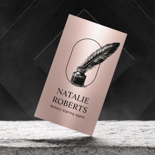 Notary Loan Signing Agent Quill Logo Rose Gold Business Card