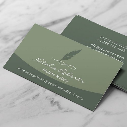 Notary Loan Signing Agent Quill Logo Sage Green Business Card