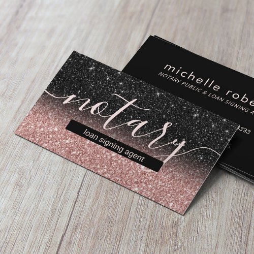 Notary Loan Signing Agent Rose Gold Black Glitter Business Card