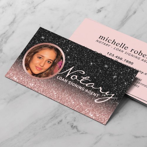 Notary Loan Signing Agent Rose Gold  Black Photo Business Card