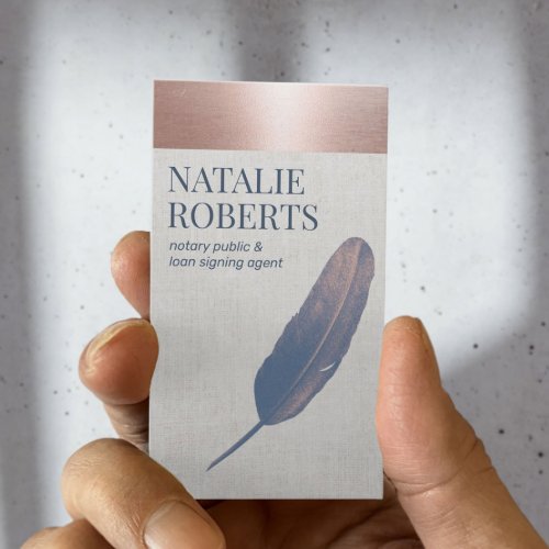 Notary Loan Signing Agent Rose Gold Blue Quill Business Card
